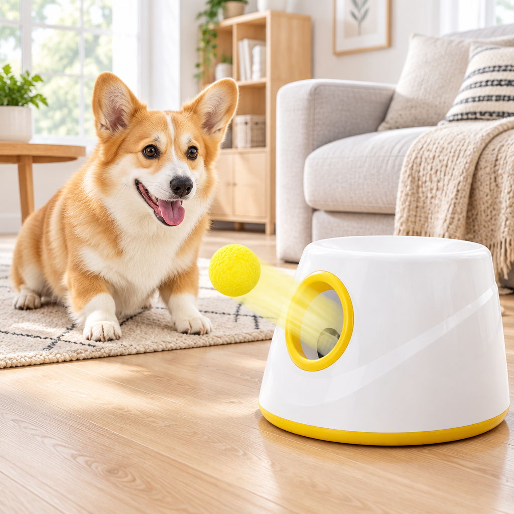 Corgi playing with the FetchNova launcher indoors