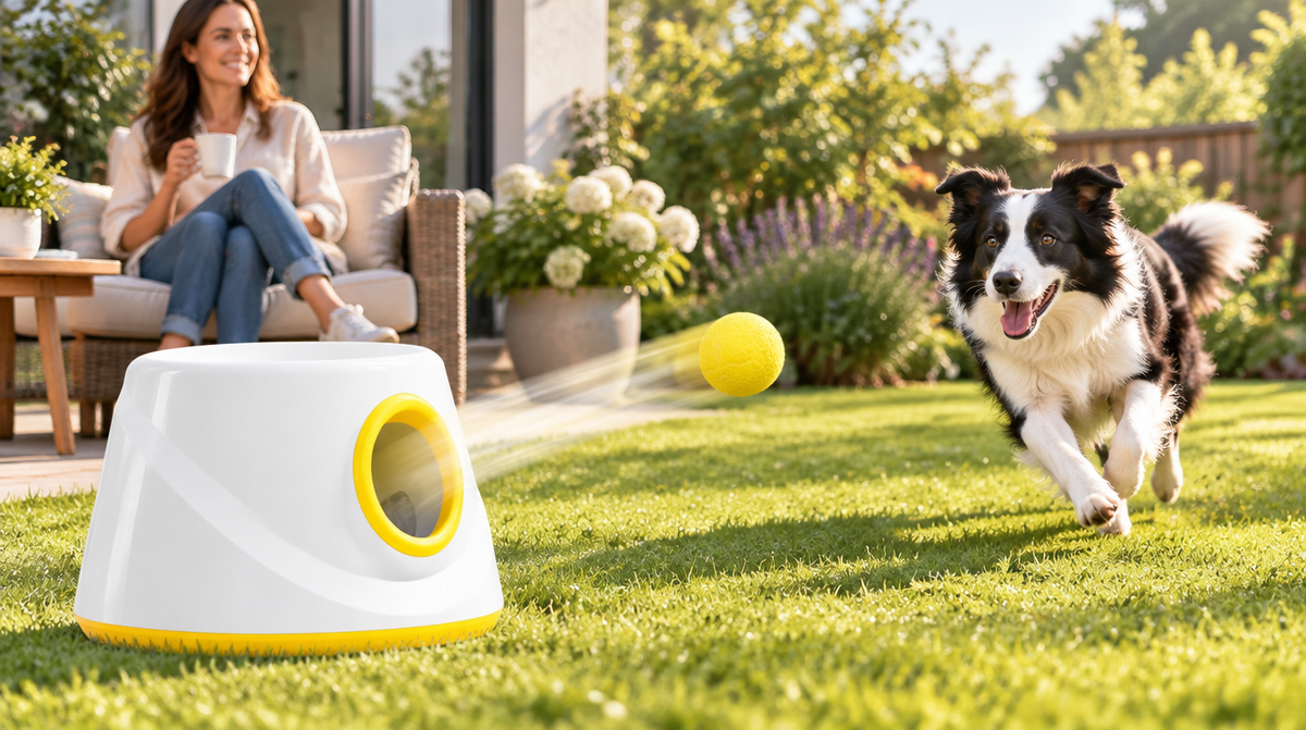 Owner relaxing with coffee while her border collie plays fetch with FetchNova