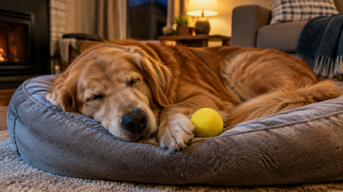 Happy tired golden retriever asleep after playtime