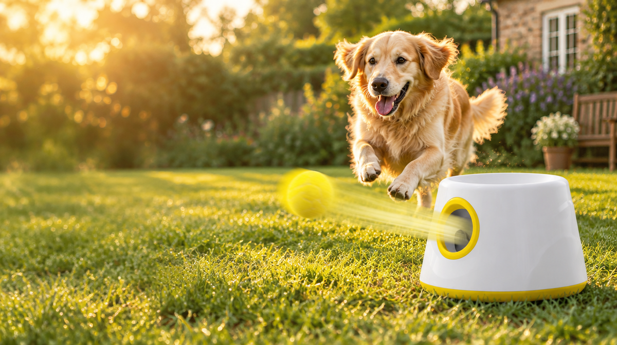 Golden retriever chasing a ball launched by the FetchNova automatic ball launcher