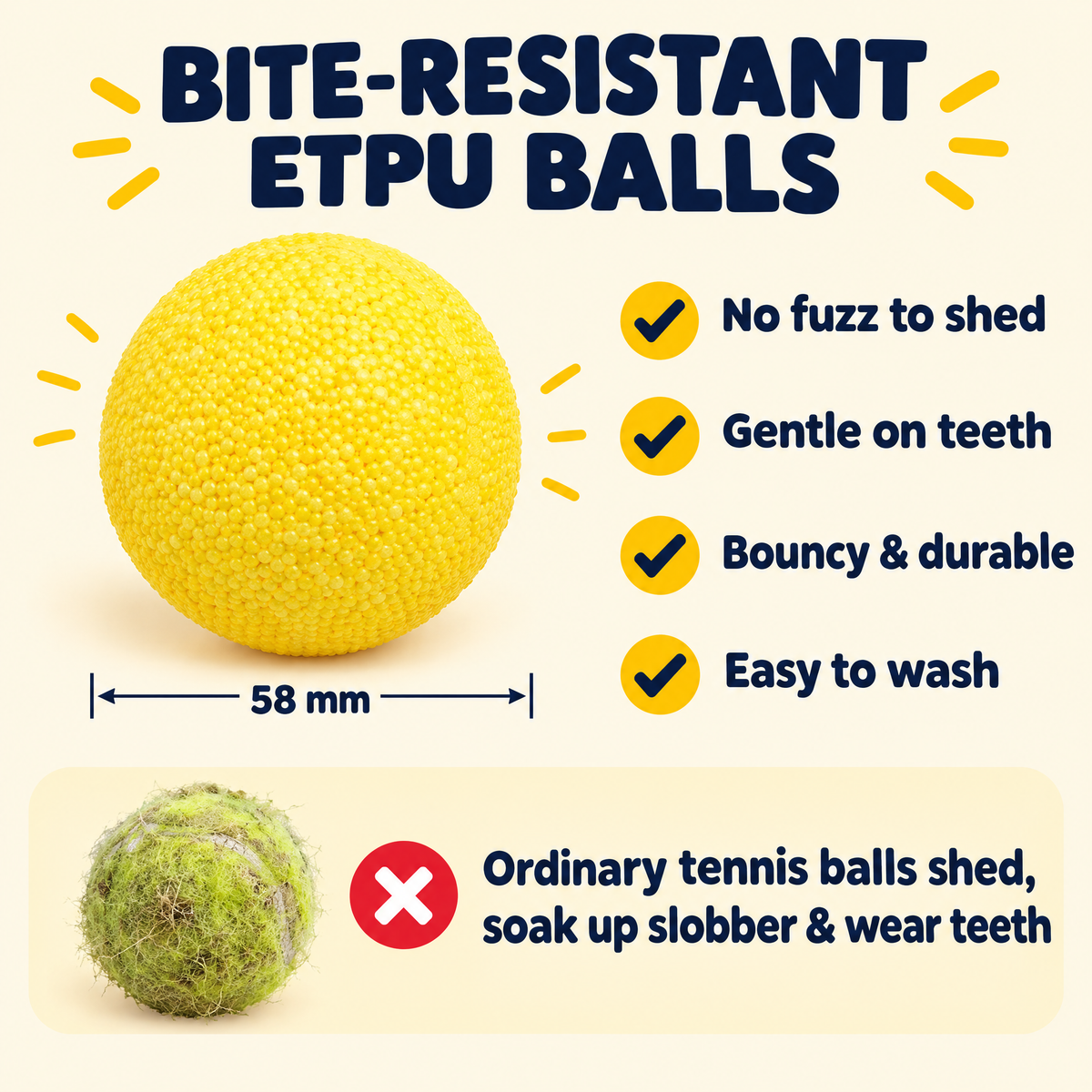 Bite-resistant 58 mm ETPU balls: no fuzz, gentle on teeth, bouncy and easy to wash