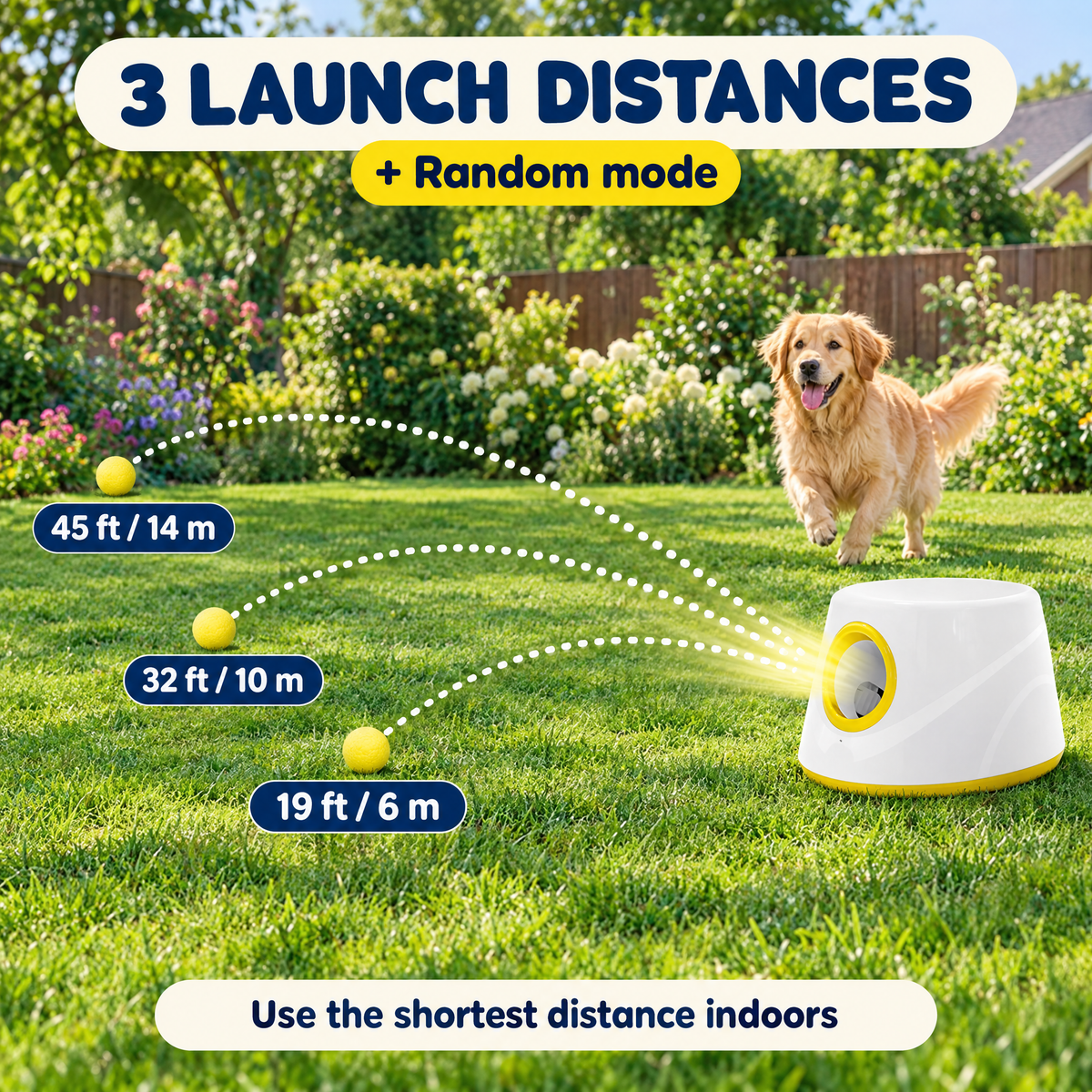 3 launch distances: 19 ft / 6 m, 32 ft / 10 m, 45 ft / 14 m plus random mode