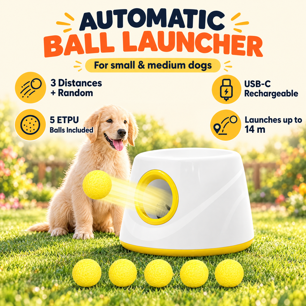 Automatic ball launcher for small and medium dogs: 3 distances plus random, USB-C rechargeable, 5 ETPU balls, launches up to 14 m