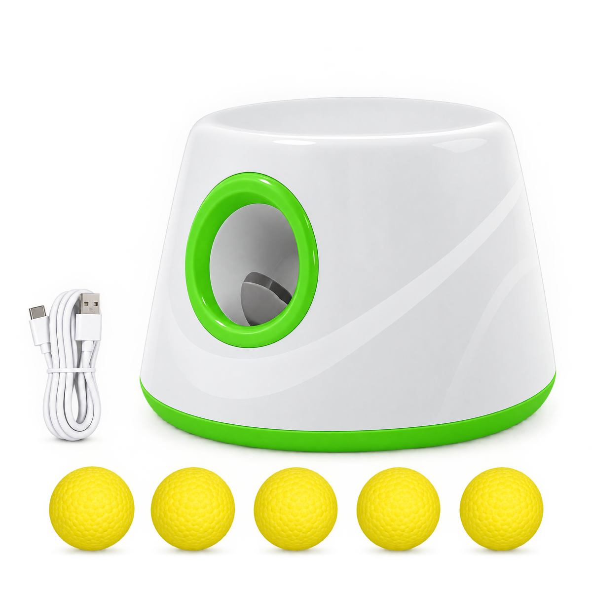 FetchNova automatic ball launcher in green with 5 ETPU balls and USB-C cable