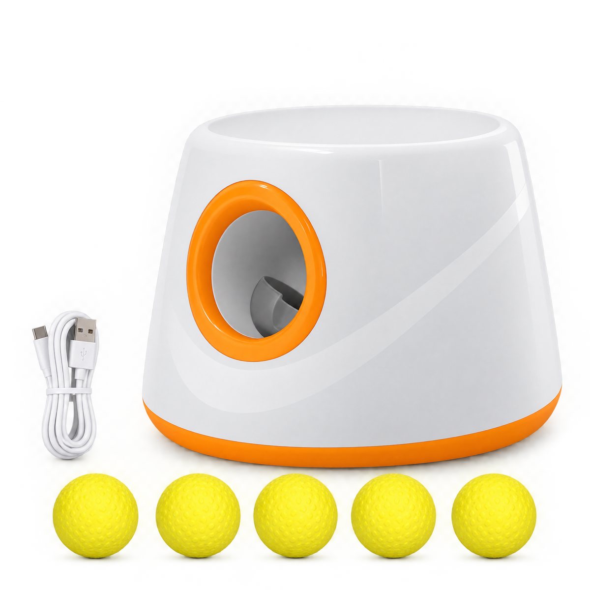 FetchNova automatic ball launcher in orange with 5 ETPU balls and USB-C cable