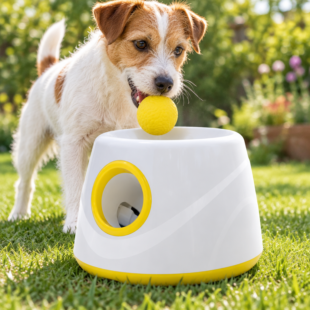 Jack Russell dropping a ball into the FetchNova launcher